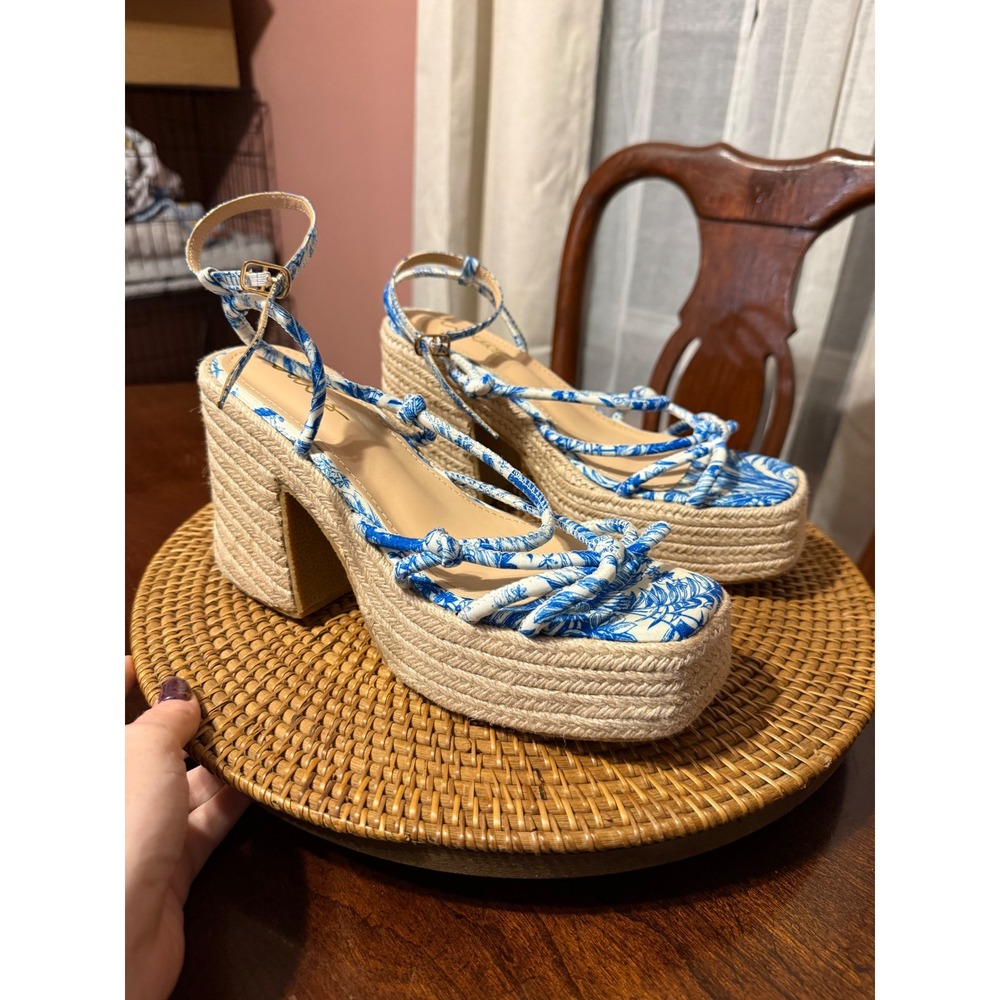 Lulus Blue White Tropical Floral Espadrille Platform Block Heel Sandals 8.5